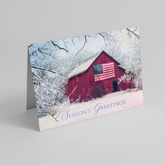 barn with flag in snowy setting, customizable text area