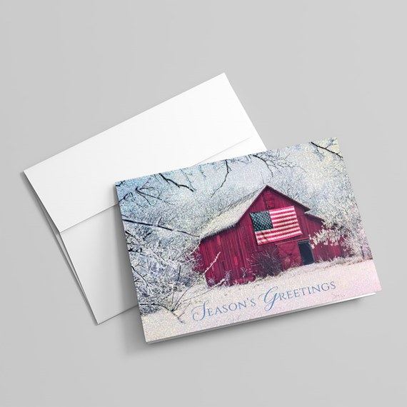 season's greetings card with barn, photo area
