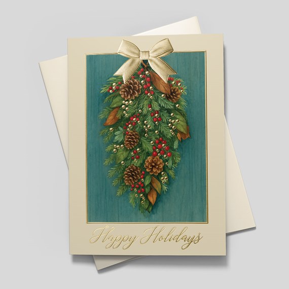 holiday card with pine branches and pinecones