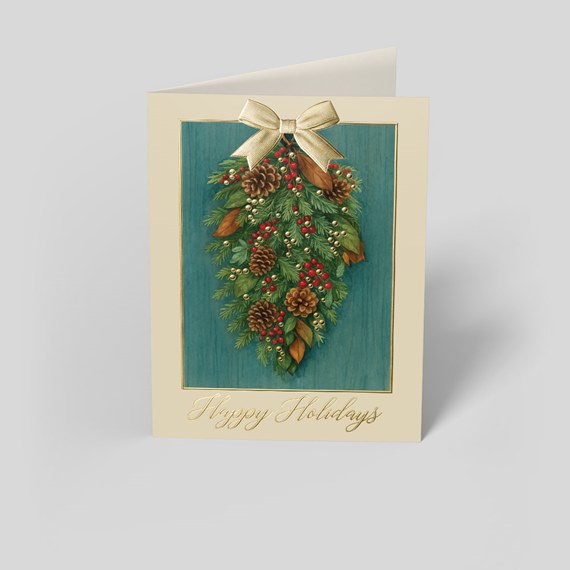 holiday card with wreath design and text placeholder