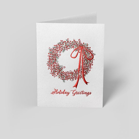 holiday card with embossed red berry foil wreath