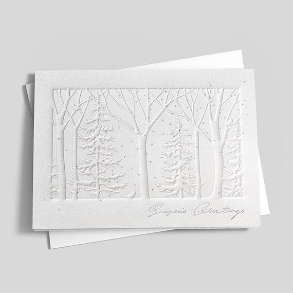 embossed winter trees card with silver foil Season's Greetings
