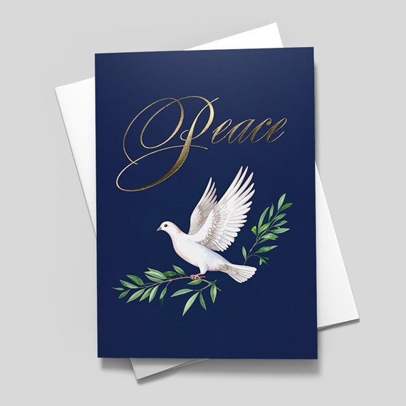 navy card with dove and leaves, gold foil text