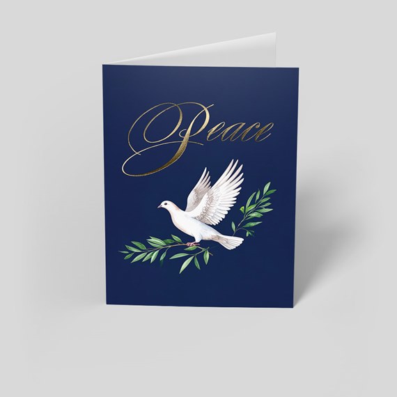 navy card with dove illustration and peace text