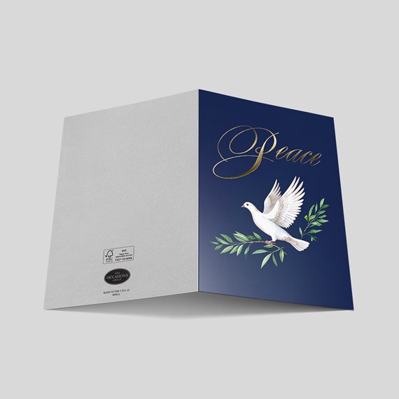 greeting card with dove and foliage, gold foil Peace