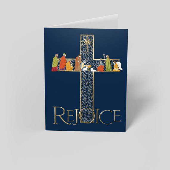 navy card with decorative cross and gold text