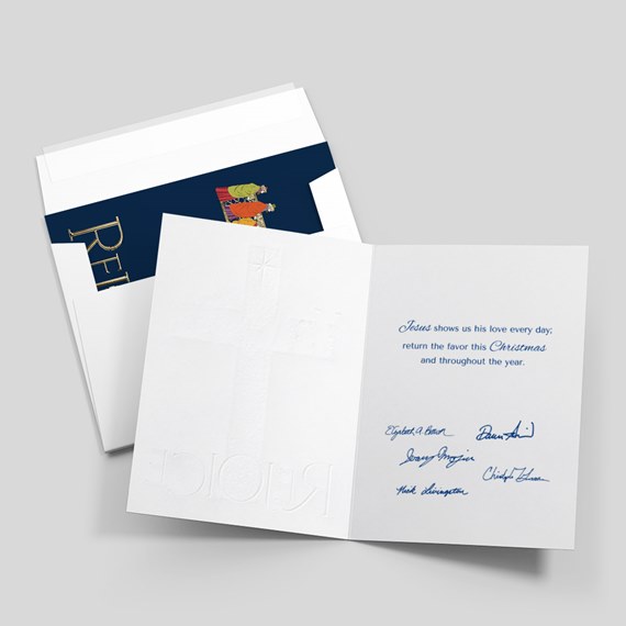 greeting card with photo placeholder, embossed cross, colorful illustration