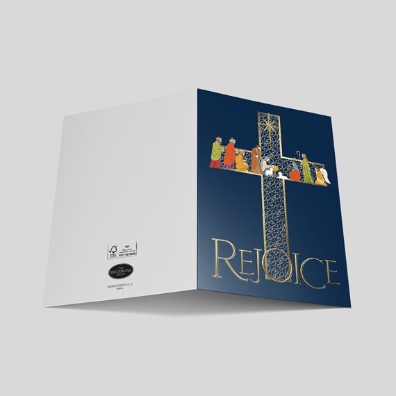 navy card with gold cross and 'Rejoice' text