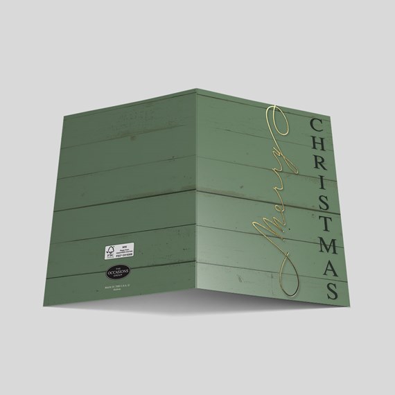 green card with wooden plank design and gold cursive text