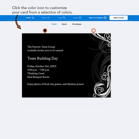 black invitation card with floral design and event details