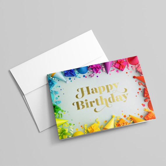 colorful birthday card with party hats and confetti, gold text