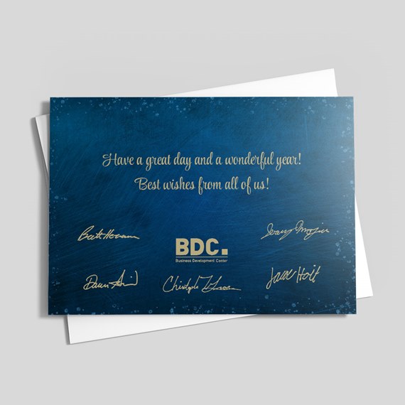 blue card with gold text and signatures