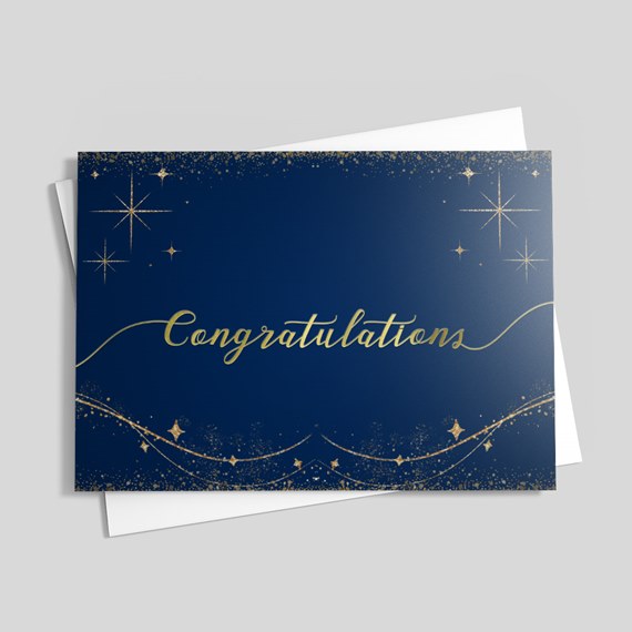 navy card with gold foil congratulations text and star decorations