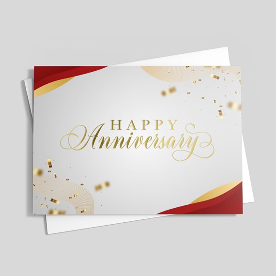 greeting card with happy anniversary text and decorative elements