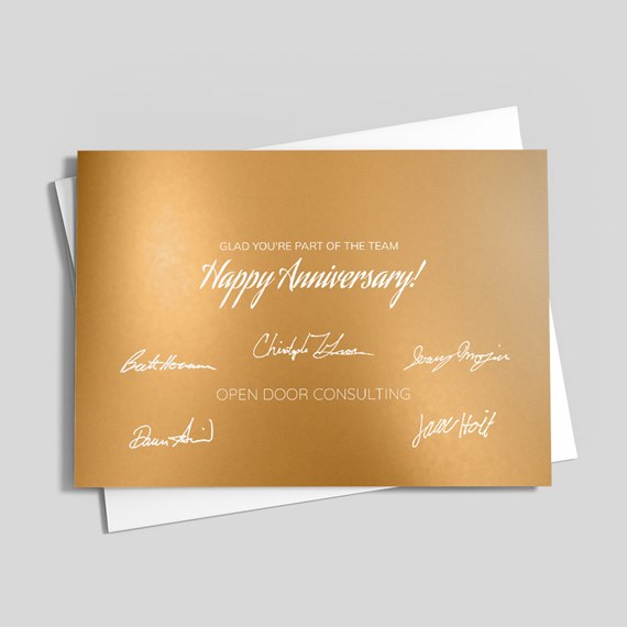 gold anniversary card with white text and signatures