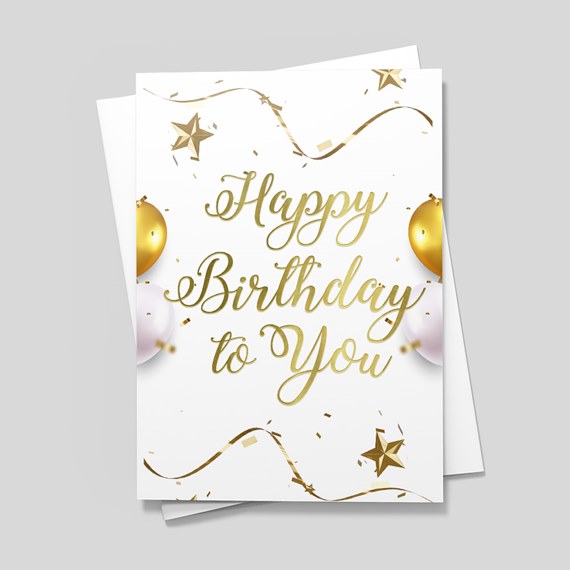 birthday card with gold foil text and balloons