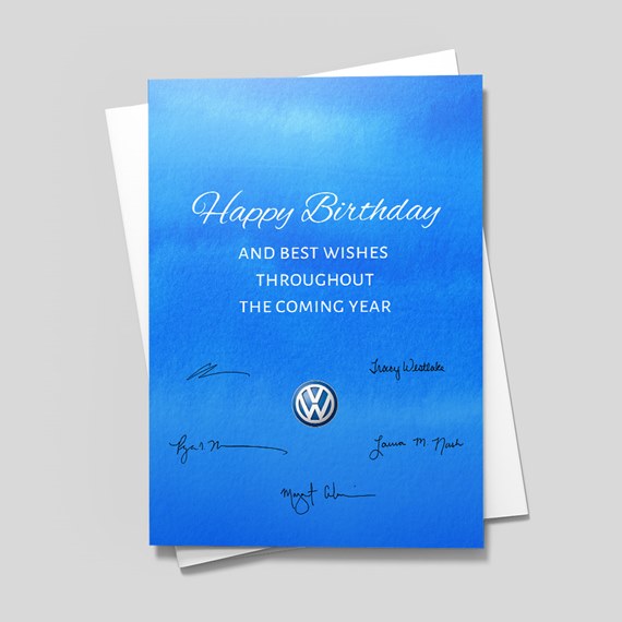 birthday card with blue gradient background and signatures