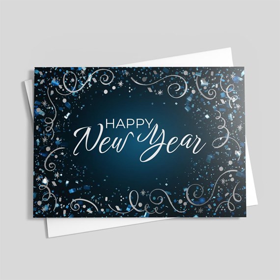 New Year greeting card design with blue background and silver accents