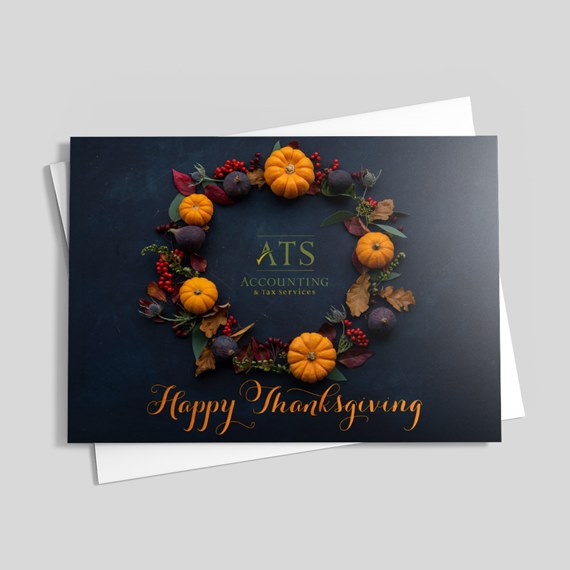thanksgiving greeting card with wreath and text