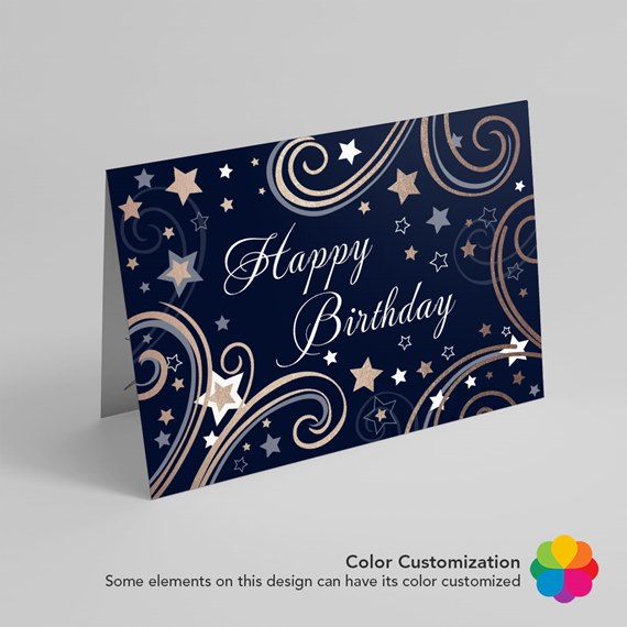 birthday card with decorative stars and swirls