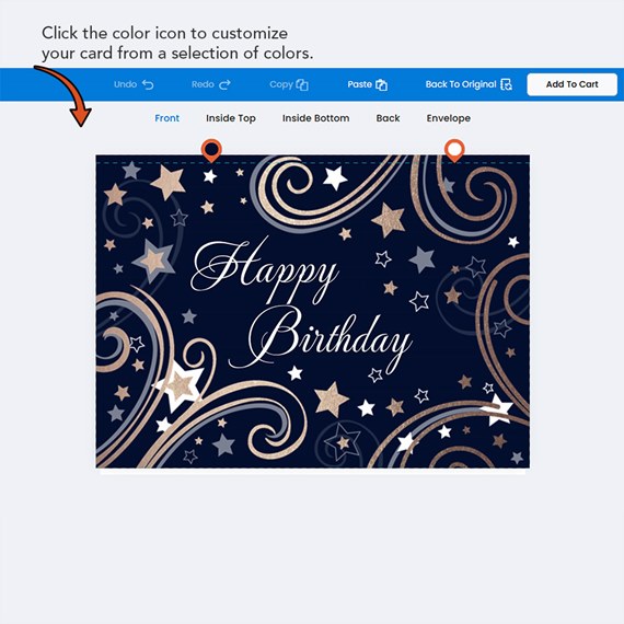 birthday card design with stars and decorative swirls
