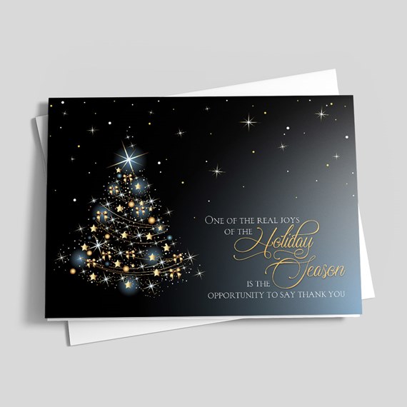holiday card with Christmas tree and stars, customizable text area