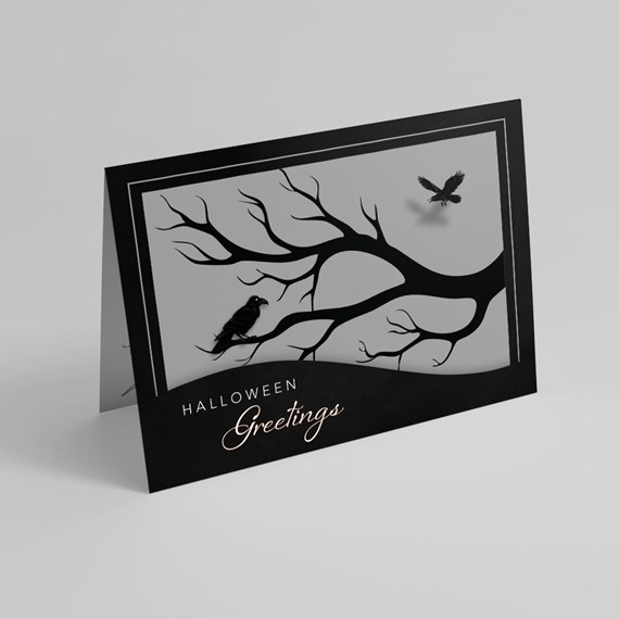 black and gray Halloween greeting card with ravens and branches