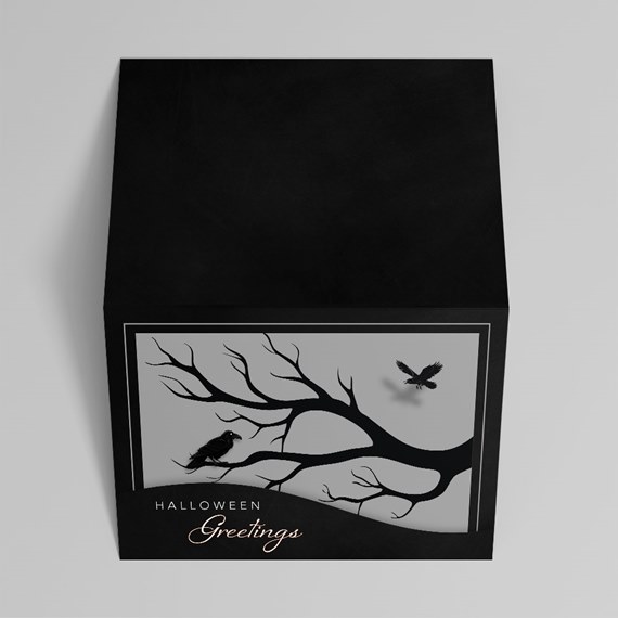 black greeting card with tree and bird design, customizable text area