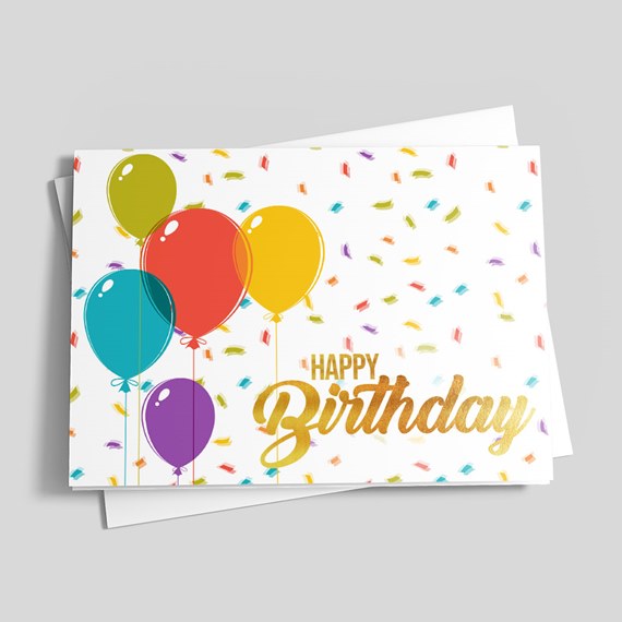 birthday card with balloons and confetti
