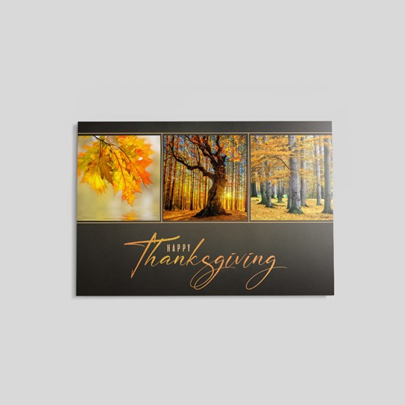 tri-fold card with autumn images and text placeholder