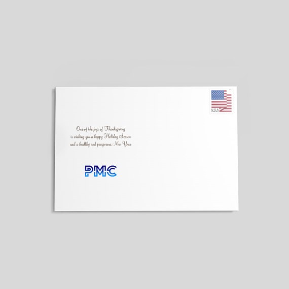 white envelope with holiday greeting and logo placeholder