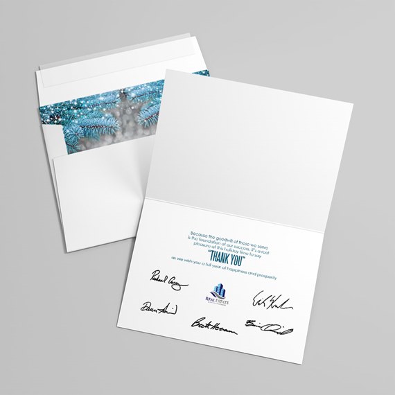 greeting card with thank you message and envelope with evergreen pattern