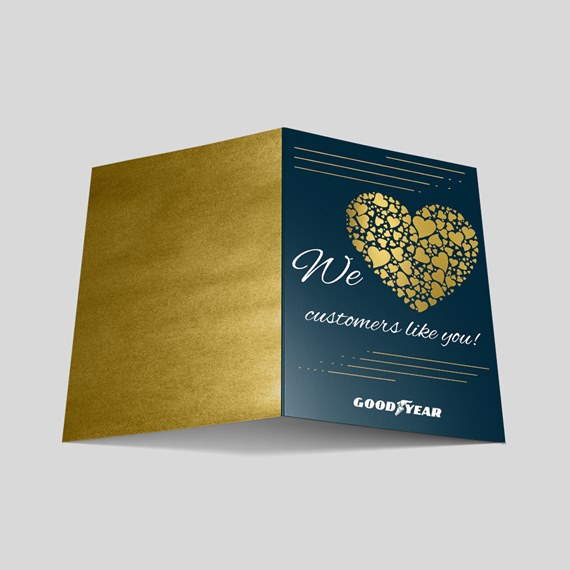 greeting card with gold heart pattern and text