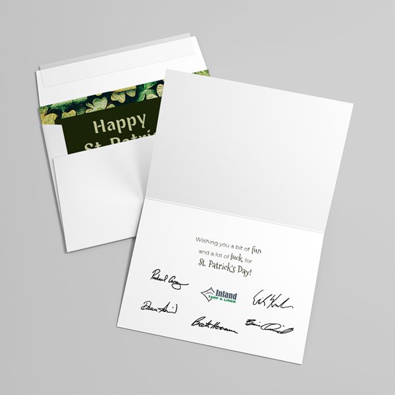 greeting card with shamrock design and customizable text area