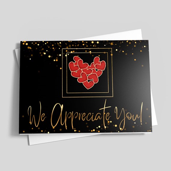 black card with gold accents and red heart design, photo placeholder