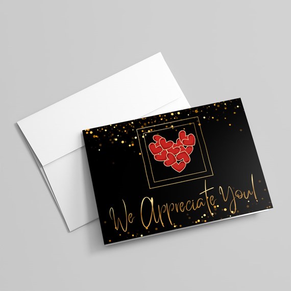 greeting card with hearts and gold text, photo placeholder