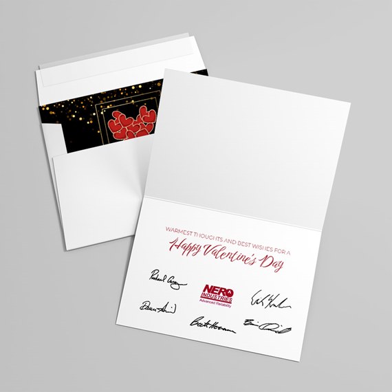 black and gold hearts card with red text and signatures