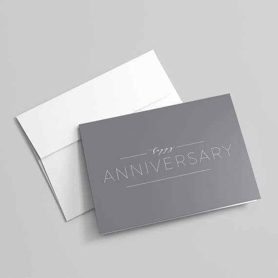gray anniversary card with white text, customizable text area