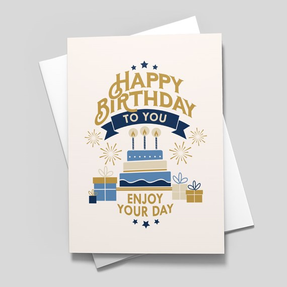 birthday card with cake and gifts, photo placeholder