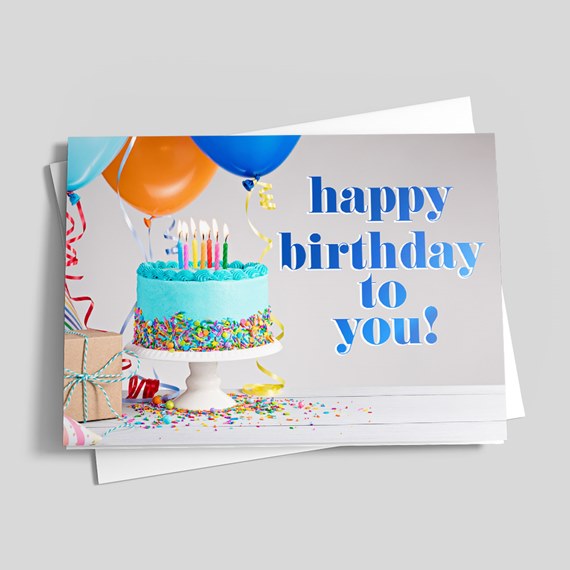 birthday card with cake and balloons