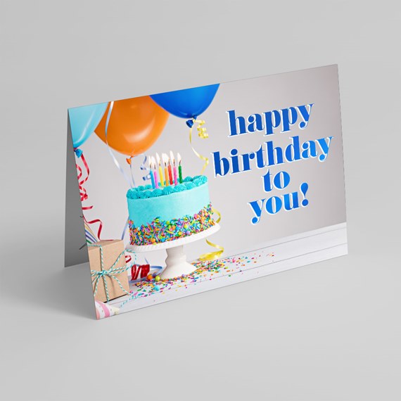 birthday card with cake and balloons