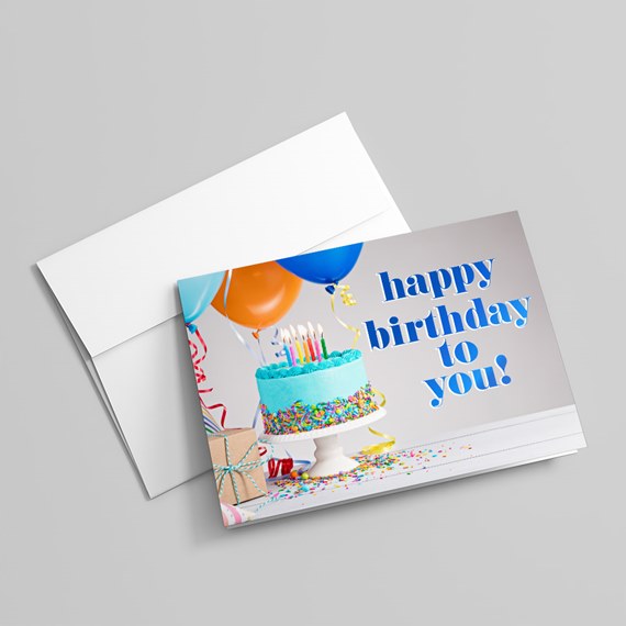 birthday card with cake and balloons, photo placeholder