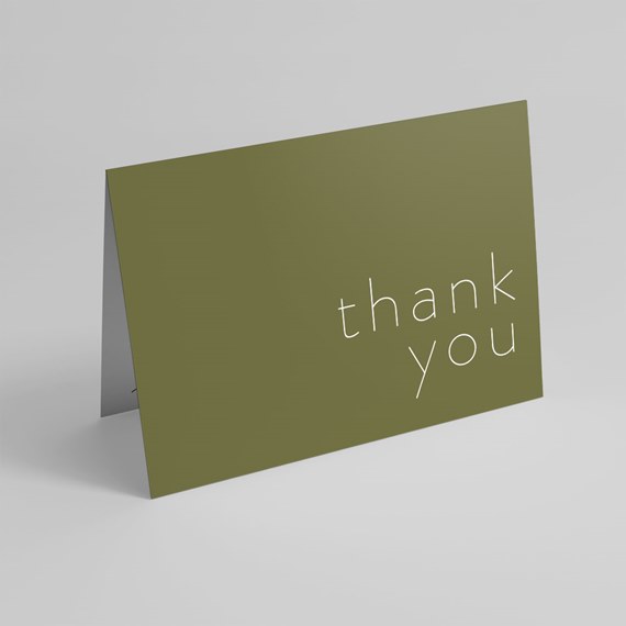 thank you card with olive green background and white text