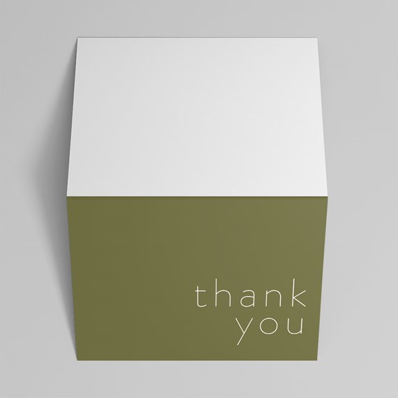 cube box with white top and olive green side, thank you text