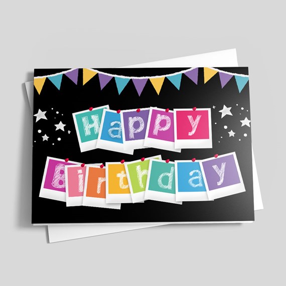 colorful birthday card design with photo placeholders and bunting