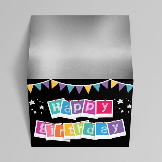 colorful birthday box design with decorative text and bunting