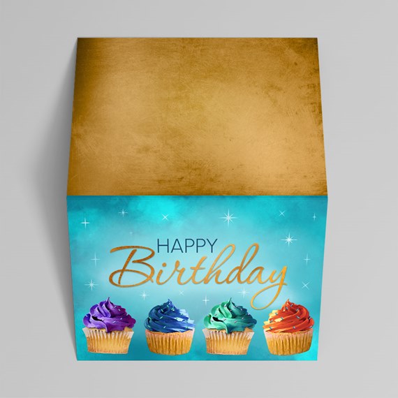 birthday card with cupcakes and gold text