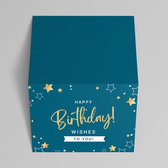 Teal birthday card with gold stars and white text