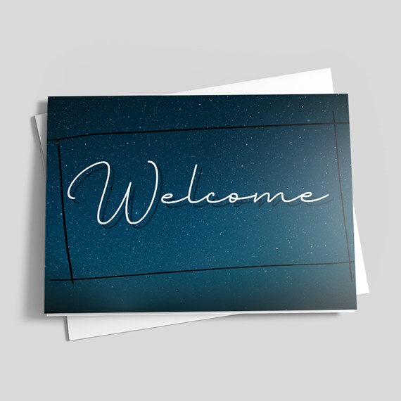 greeting card with welcome text and starry background