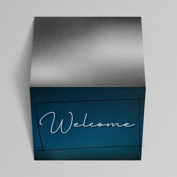 box with welcome text and starry background